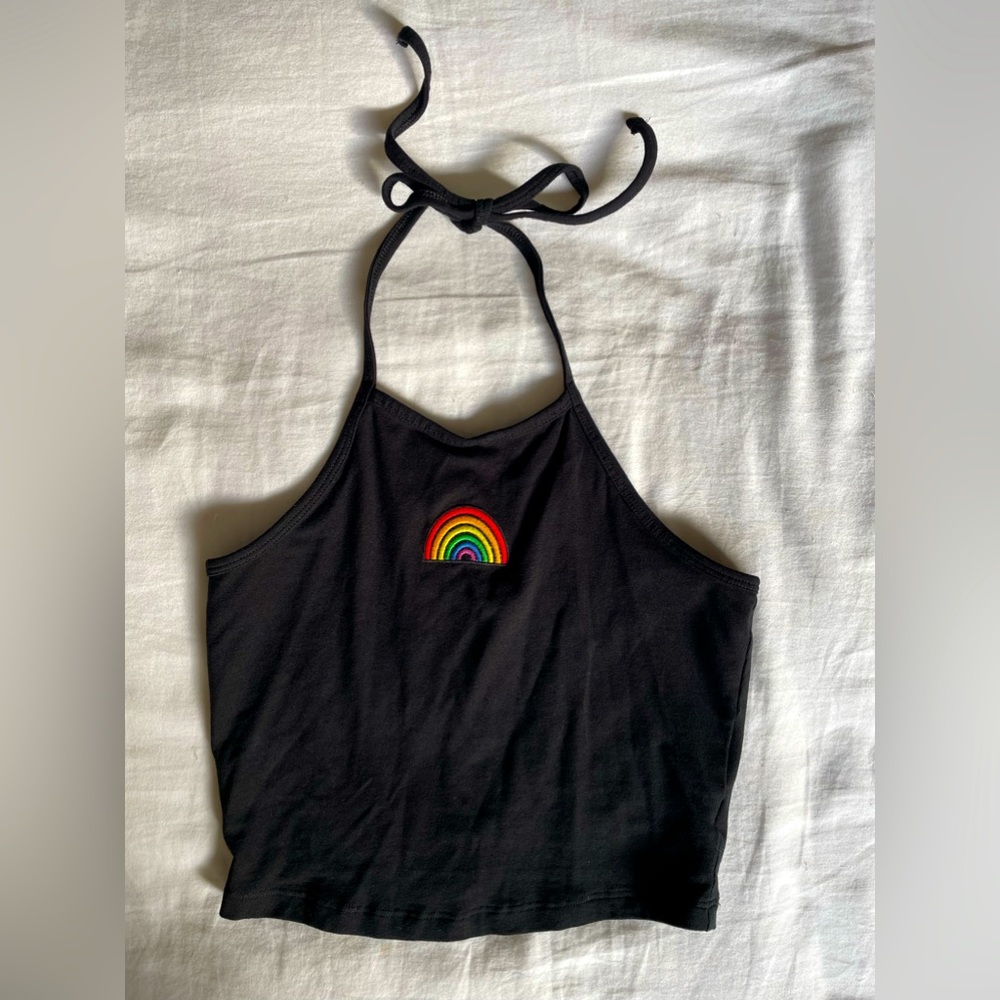 2/$20 ADORABLE BP tie halter top w rainbow stitching pair with denim! WORN ONCE!